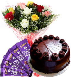 send Half Kg Chocolate Truffle Cake N Mix Roses Bouquet N Chocolate delivery